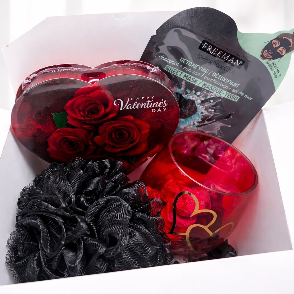 Valentine's Day Self Care Gift Set with Red wine cup and Black Loofah-face mask